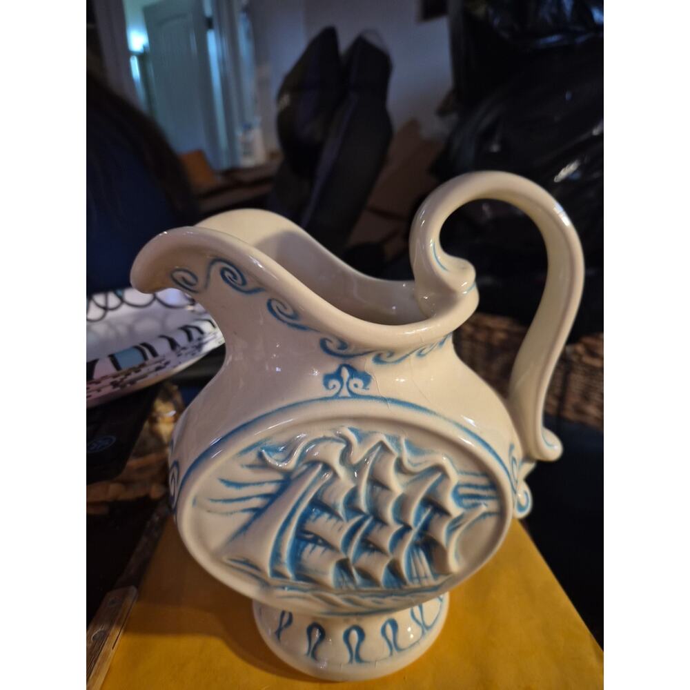 Mccoy Clipper Ship Ceramic Pitcher Blue & Ivory 8”